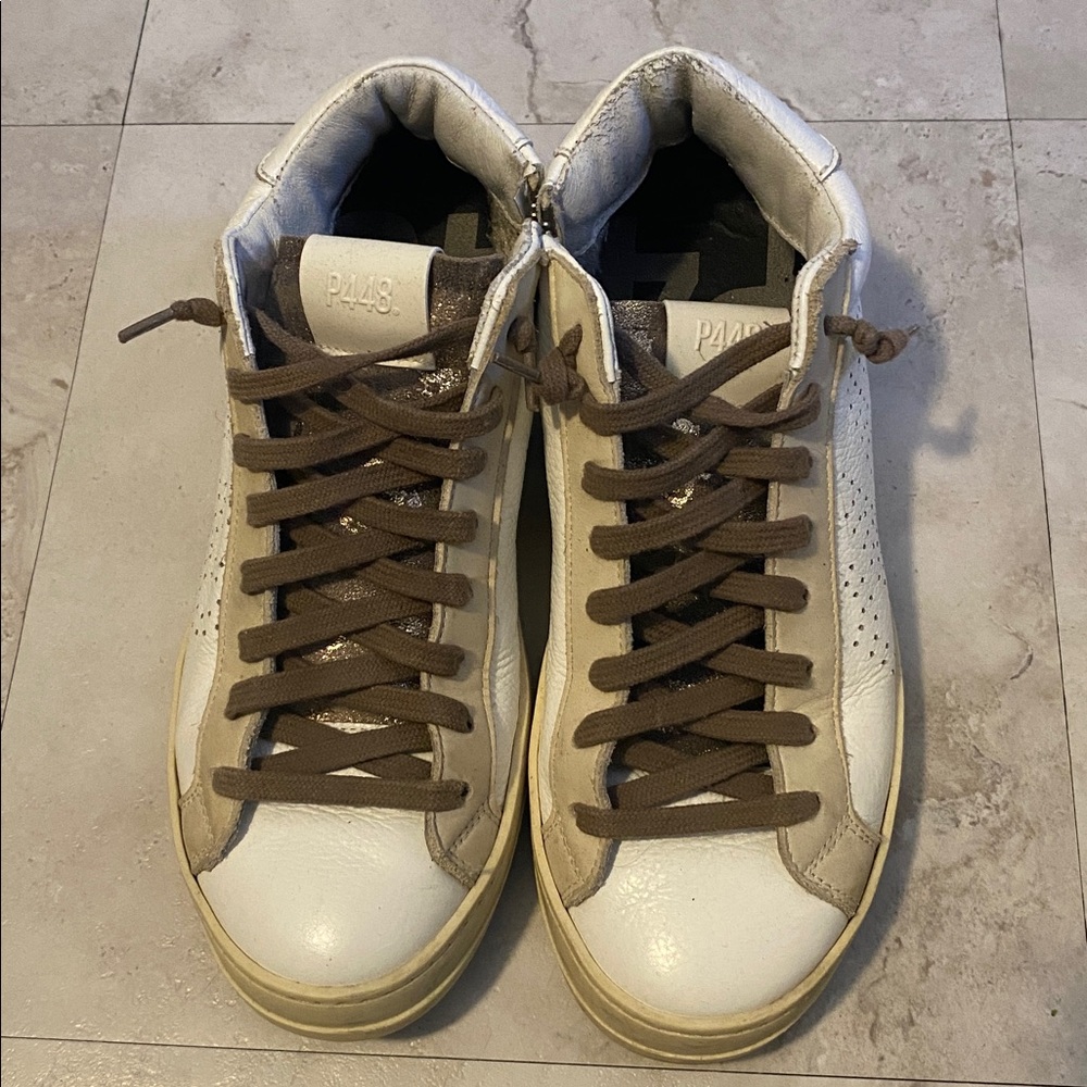 P448 White and Brown Leather Sneakers